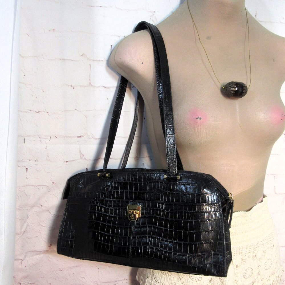 Etienne Aigner Black Croc-Embossed Shoulder Bag